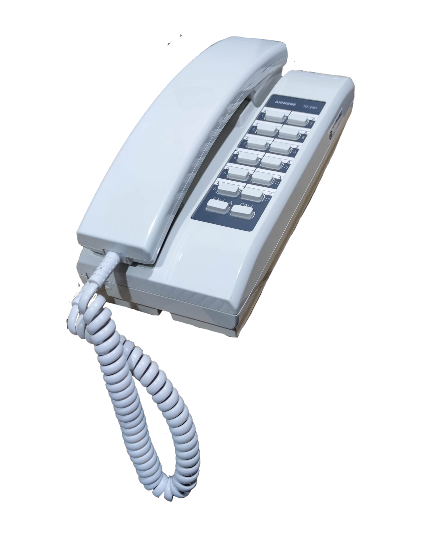 Aiphone 24 station intercom system with white handset and multiple buttons for security communication