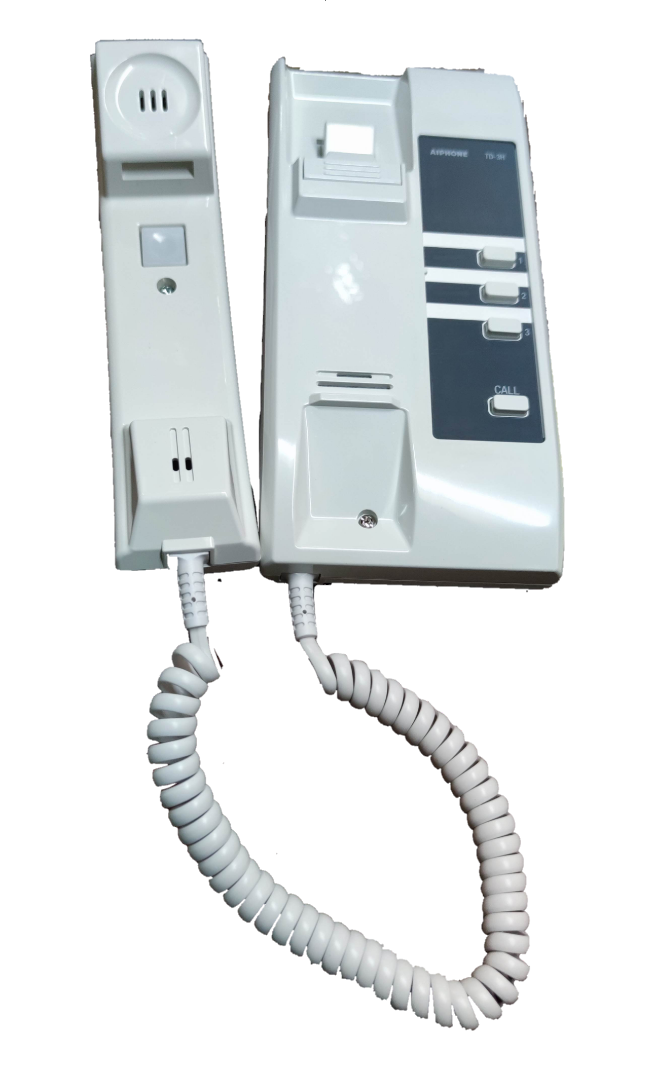 Aiphone 3 station intercom system with white handset and base unit for clear communication