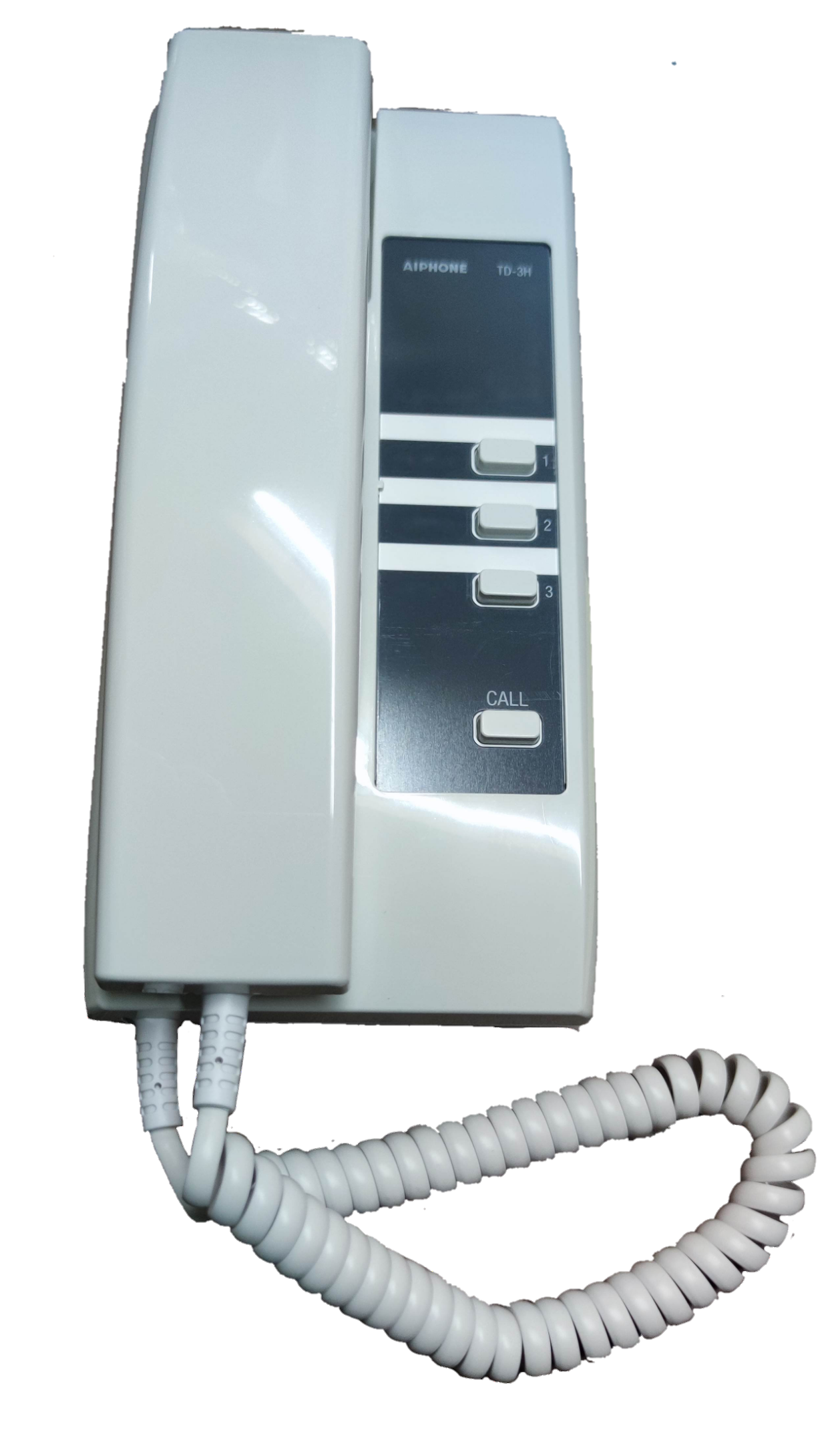 Aiphone 3 station intercom system white wall-mounted telephone with call buttons and coiled cord