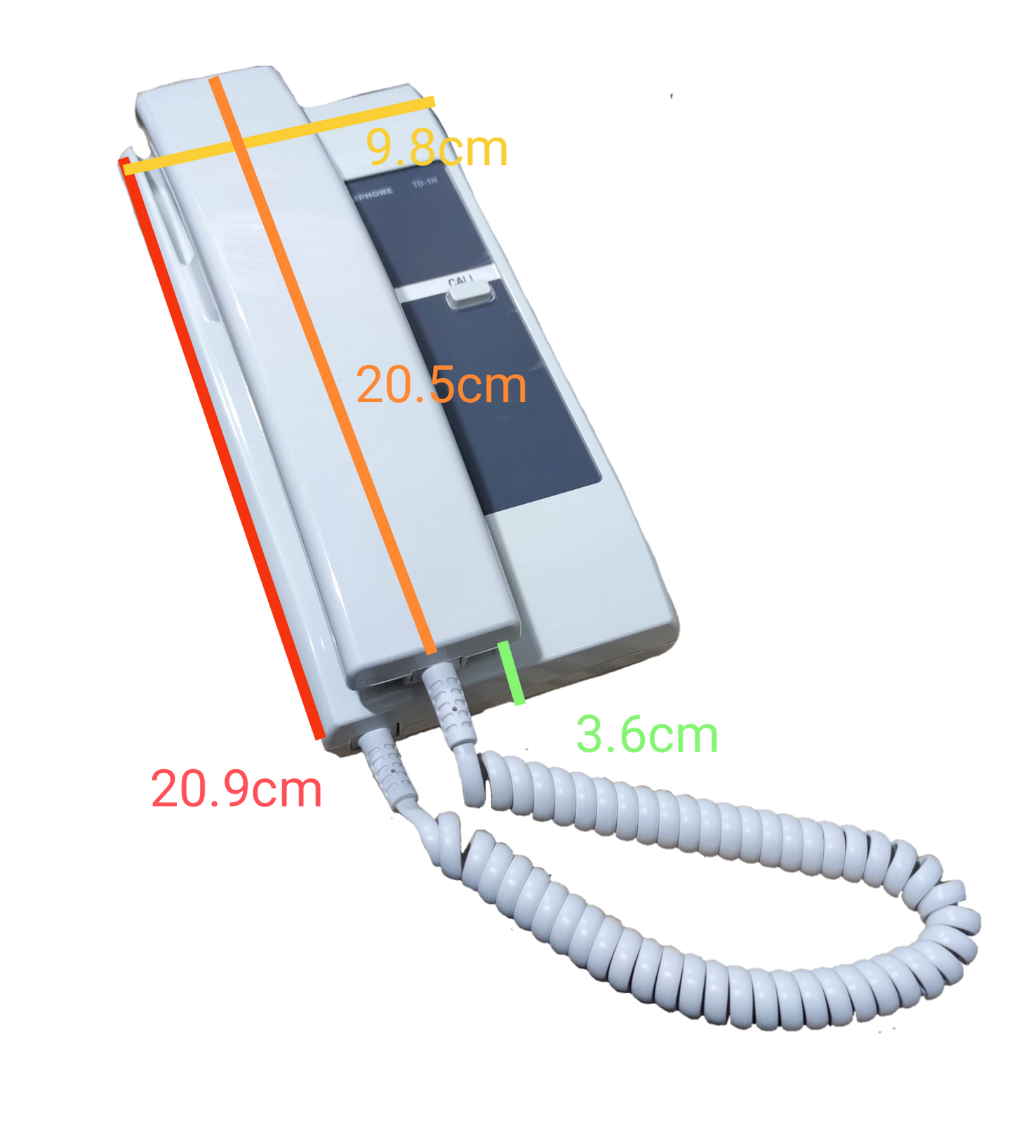 Aiphone 6 station intercom system white wall-mounted handset with coiled cord and measurements