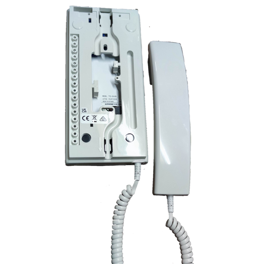 Aiphone intercom master unit with white handset and coiled cord for CCTV and security system
