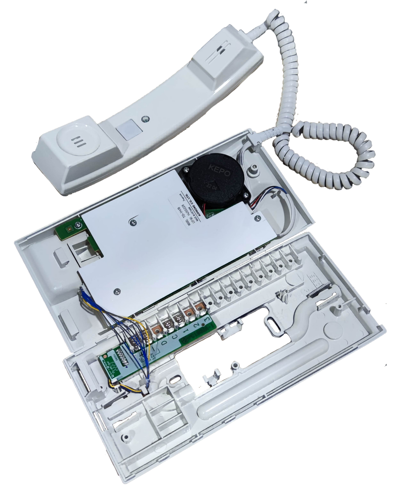 Aiphone intercom substation TD-1H open view showing handset and internal wiring for security system