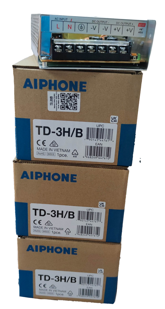 Aiphone intercom system power supply unit with three stacked Aiphone TD-3H/B boxes for CCTV and security system