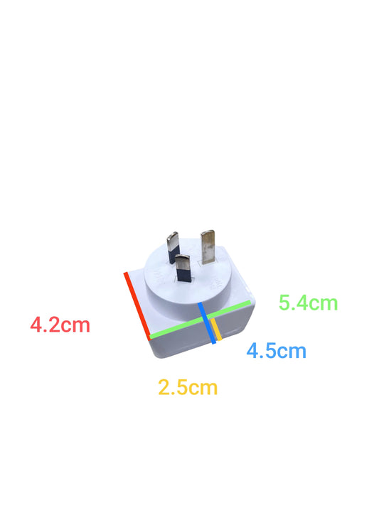White adaptor plug with three metal prongs and dimension markings for electrical connections