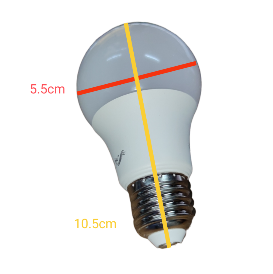 Ambi fx 9W LED Bulb E27 220V 6000K cool white bulb with E27 screw base on black background showing dimensions
