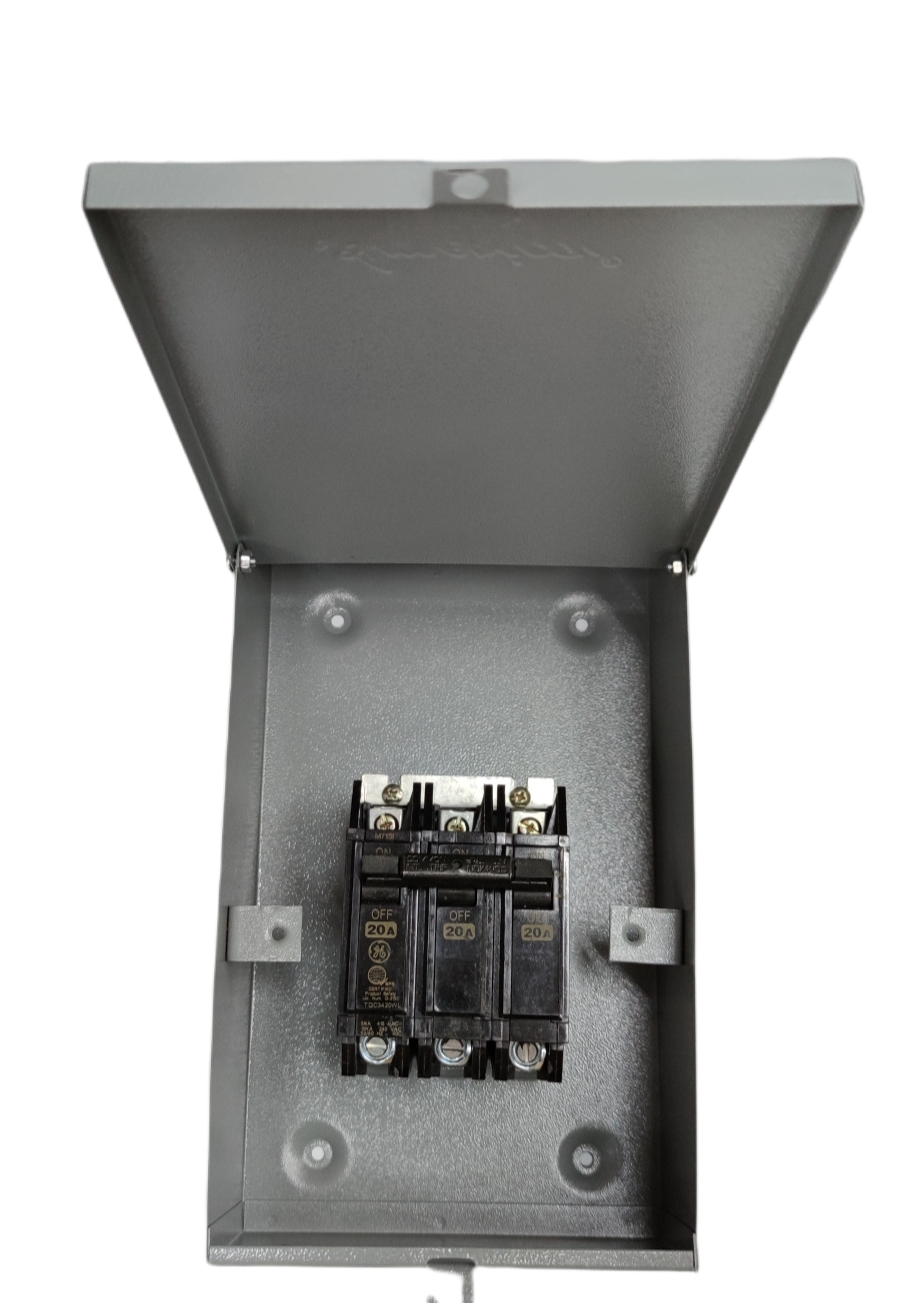 GE & America 3 phase circuit breaker with enclosure in gray metal box for electrical protection
