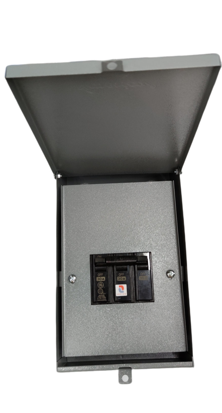 GE & America 3 phase circuit breaker with enclosure featuring a protective metal cover