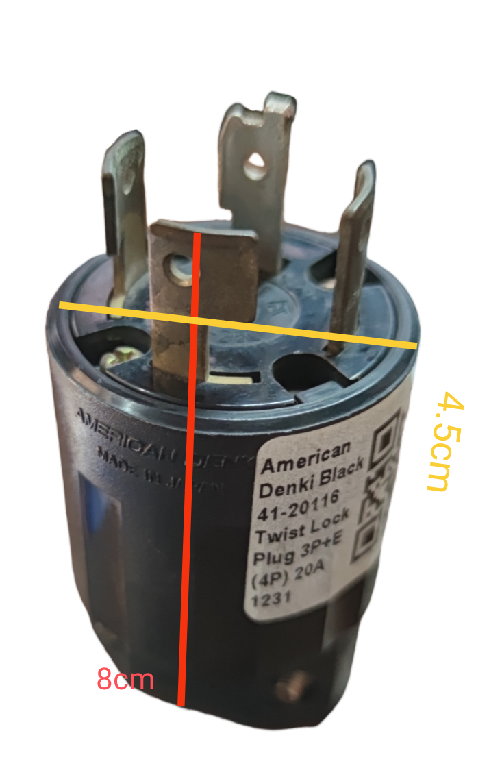 American Denki 20A twist lock plug with metal prongs and black casing for secure electrical connections