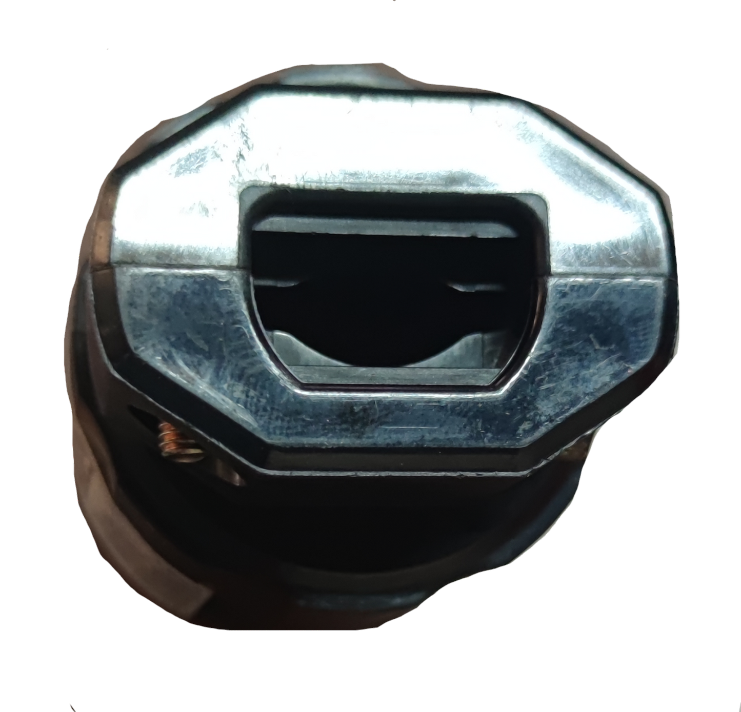 Close-up view of American Denki 20A twist lock plug metal and plastic connector end