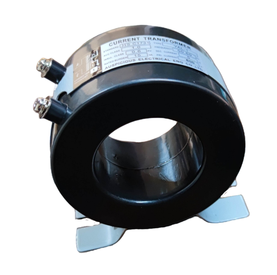 Auspicious 690V AC donut type current transformer with black circular body and electrical connectors