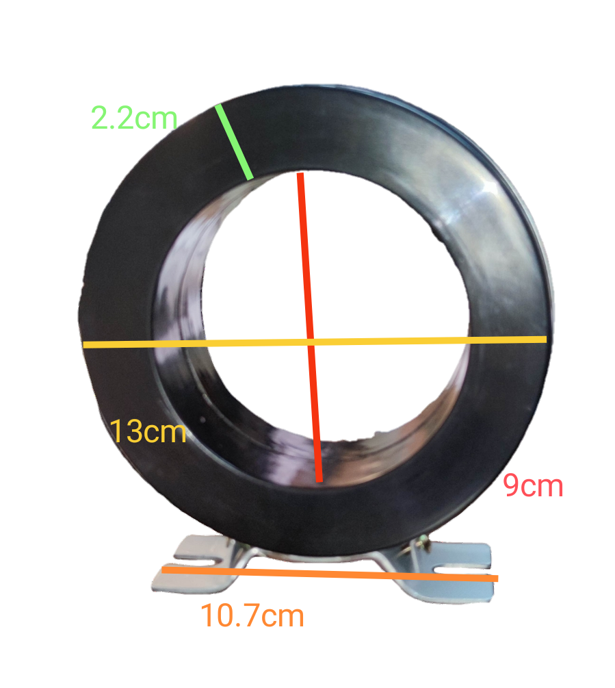 Auspicious 800A 5A current transformer with black circular core and measurements on a white base