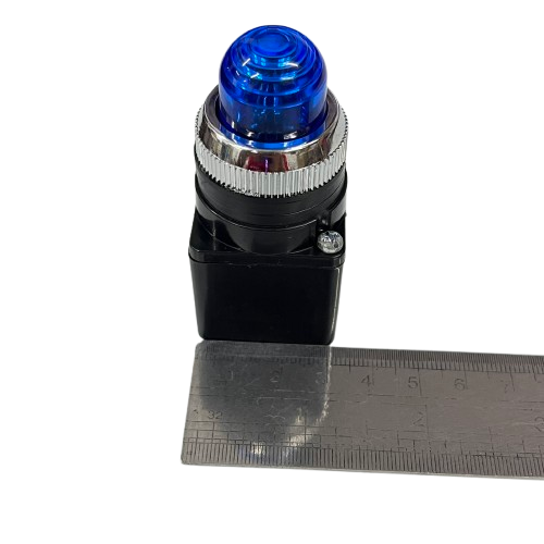 Auspicious Pilot Light 110V BLUE 25mm indicator with chrome bezel and black housing beside ruler for scale