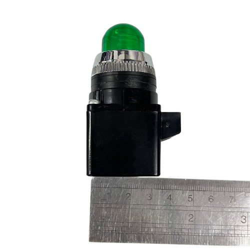 Auspicious green indicator Pilot Light 110V GREEN 25mm with black housing and ruler for scale