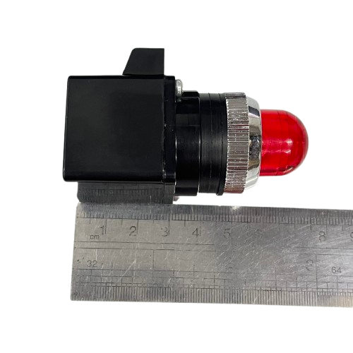 Auspicious Pilot Light 110V RED 25mm red indicator lamp with black housing and metal bezel beside ruler
