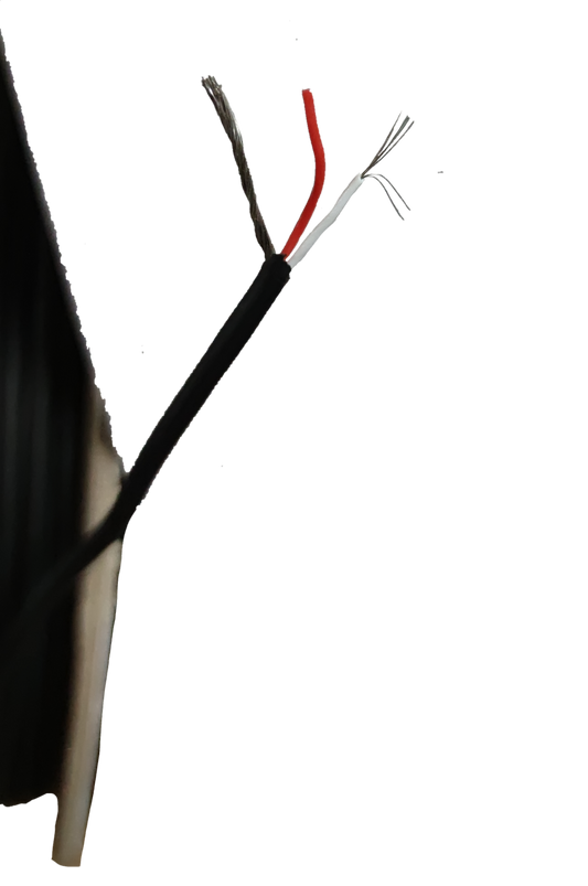 Taiwan-made AWG26 Shielded Cable with black outer sheath and exposed red and white wires