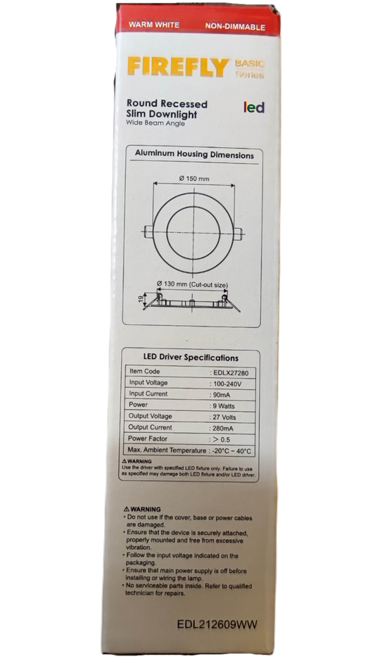 Firefly 9W LED Round Recessed Slim Downlight 220V Warm White 150mm