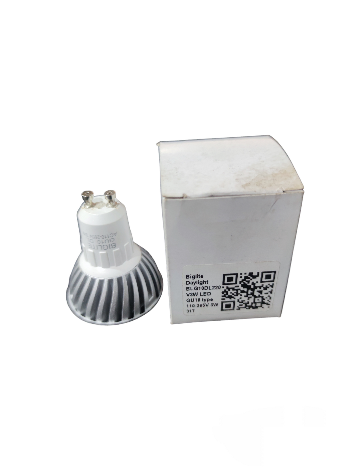 Biglite 3W LED MR16 GU10 bulb next to its white packaging box for energy-efficient lighting