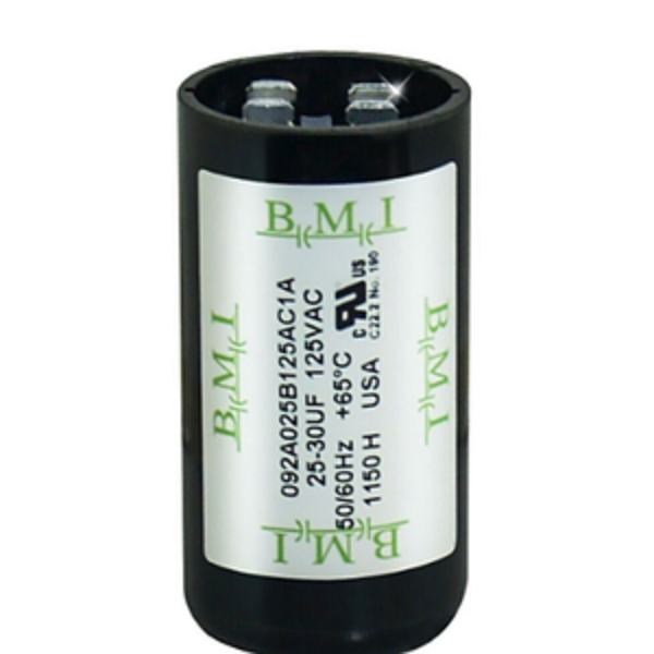 BMI 25-30 uF start capacitor 250VAC black cylindrical electrical component with metal terminals