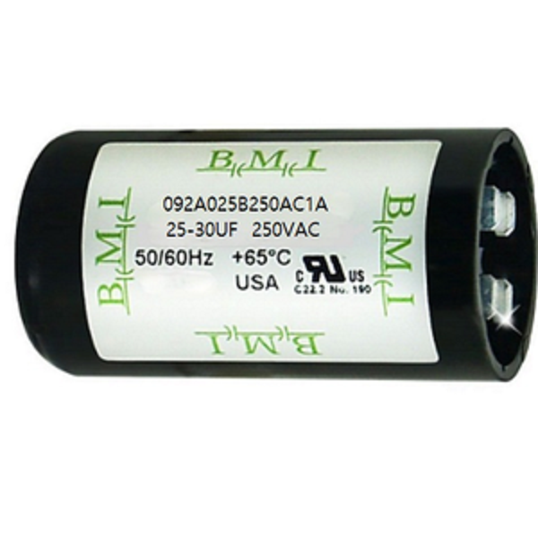 BMI 25-30 uF start capacitor 250VAC electrical circuitry part with black casing and specifications label