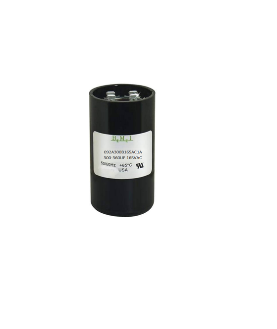 BMI 300-360 UF Motor Starting Capacitor black cylindrical electrical component with label