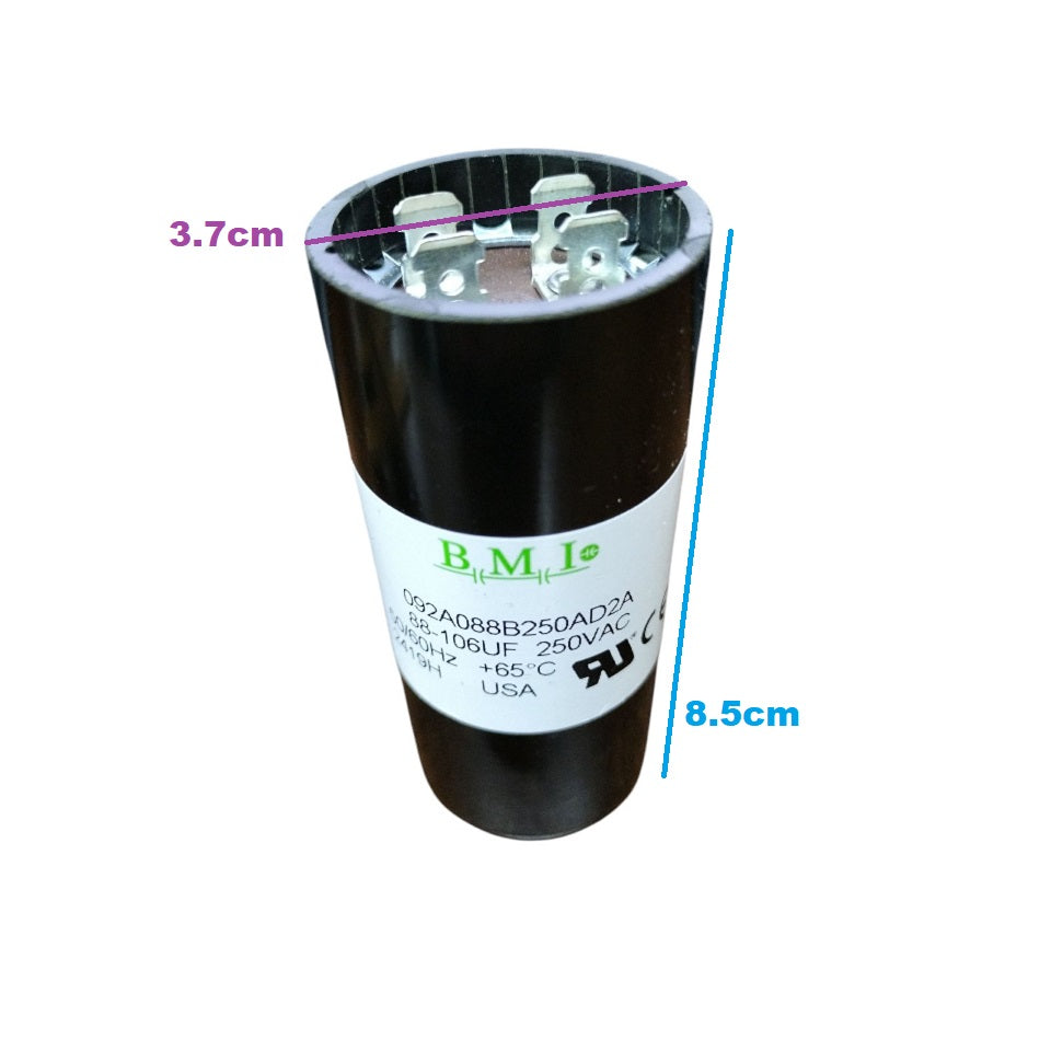 BMI 88-106MFD 250V AC capacitor with dimensions of 3.7cm height and 8.5cm length