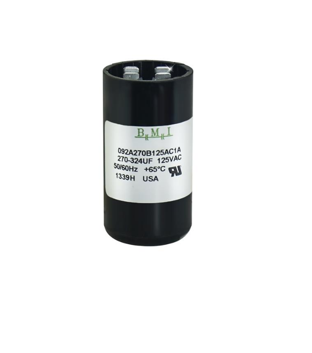 BMI capacitor 250VAC for electric motors black cylindrical electrical component with label