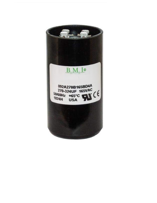 BMI capacitor 250VAC for electric motors black cylindrical electrical component with labeled specifications