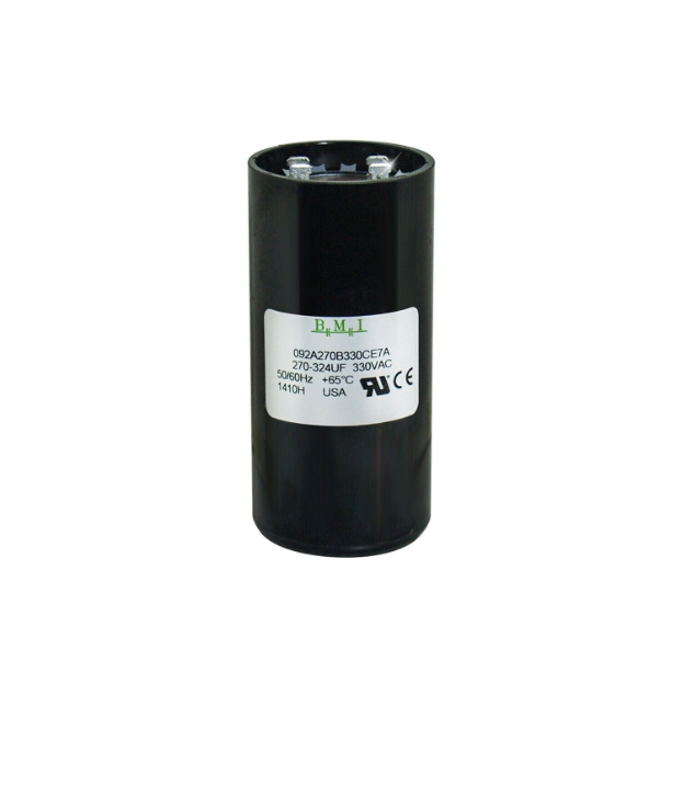 BMI capacitor 250VAC for electric motors in black cylindrical design with label and terminals on top