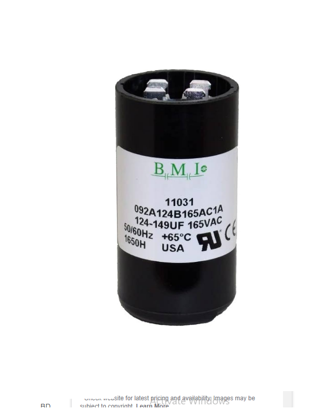 BMI Motor starting Capacitor 124-149 uf black cylindrical electrical component with label