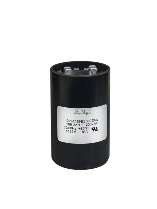 BMI motor starting capacitor 189-227 UF black cylindrical electrical component with label