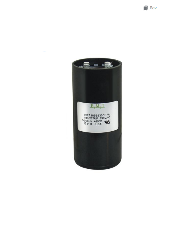 BMI motor starting capacitor 189-227 UF electrical circuitry component in black cylindrical casing