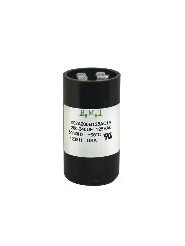 BMI Motor Starting Capacitor 200-240uf black cylindrical electrical component with label