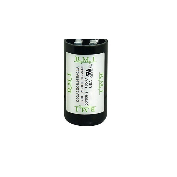 BMI Motor Starting Capacitor 200-240uf black cylindrical electrical component with terminal connectors
