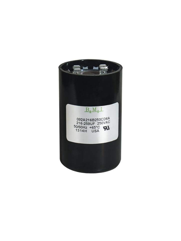 BMI Motor Starting Capacitor 216-259 UF black cylindrical electrical component with label