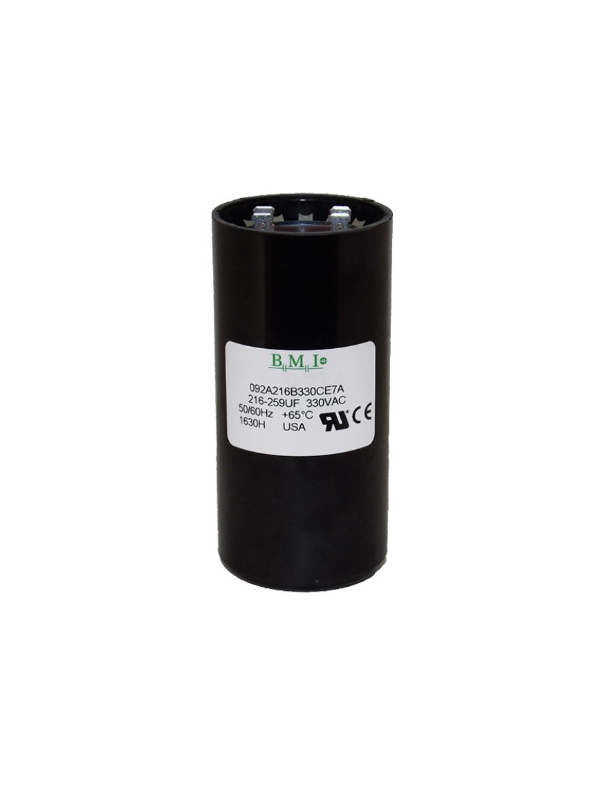 BMI Motor Starting Capacitor 216-259 UF black cylindrical electrical component with label and terminals