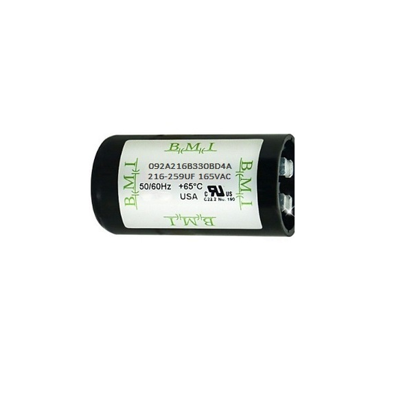 BMI Motor Starting Capacitor 216-259 UF electrical circuitry part with black casing and white label