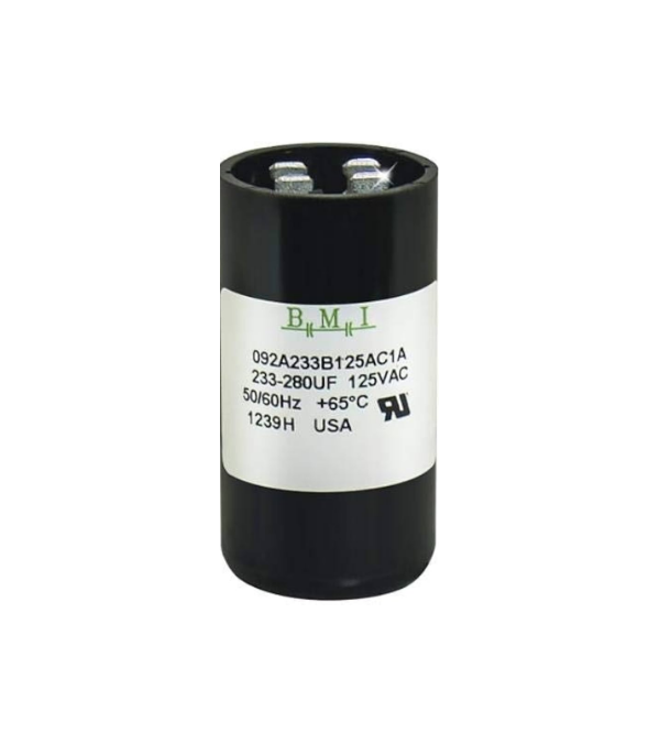 BMI motor starting capacitor 233-280 uf black cylindrical electrical part with metal terminals