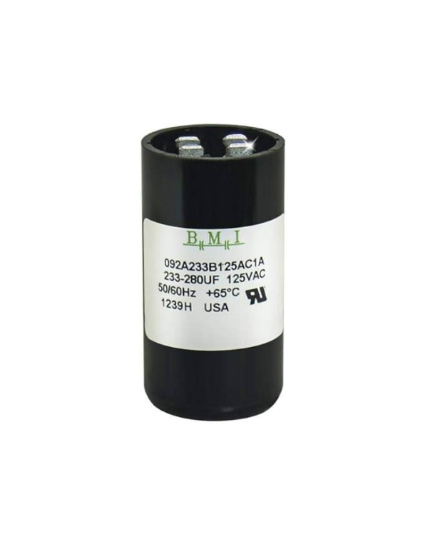 BMI motor starting capacitor 233-280 uf electrical component with black cylindrical body and two metal terminals
