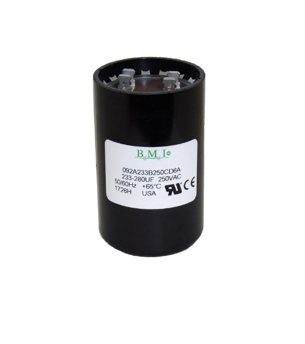BMI motor starting capacitor 233-280 uf black cylindrical electrical component with label