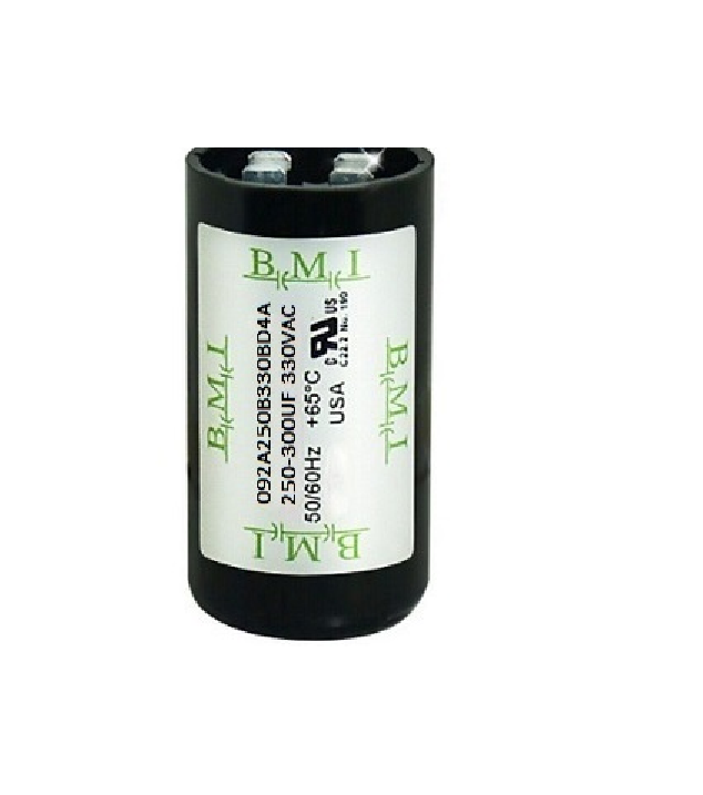BMI motor starting capacitor 250-300 uf black cylindrical electrical component with label