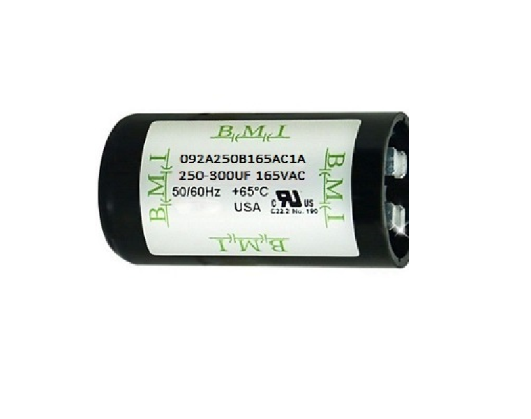 BMI motor starting capacitor 250-300 uf black cylindrical electrical part with label