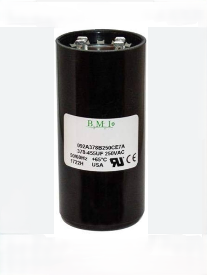 BMI Motor Starting Capacitor 378-454 UF black cylindrical electrical part with label