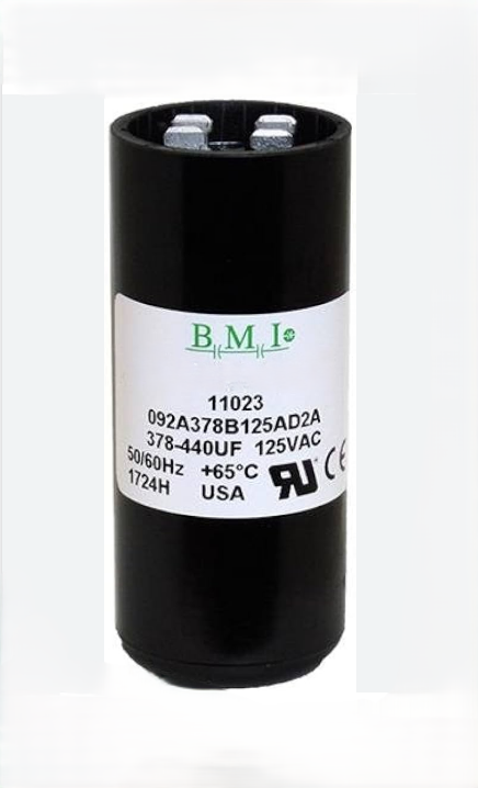 BMI Motor Starting Capacitor 378-454 UF black cylindrical electrical component with label
