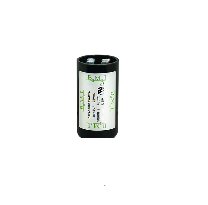 BMI motor starting capacitor 38-46 uf black cylindrical electrical component