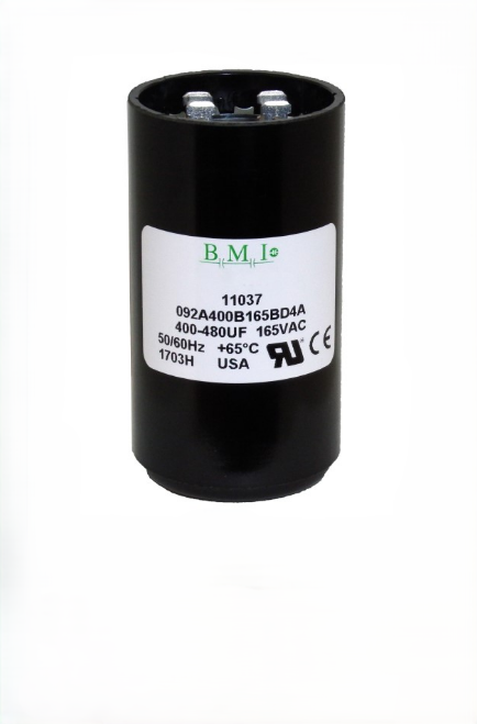 BMI motor starting capacitor 400-480 uf black cylindrical electrical component with label