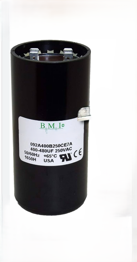 BMI Motor Starting Capacitor 400-480 uf 250VAC black cylindrical electrical component