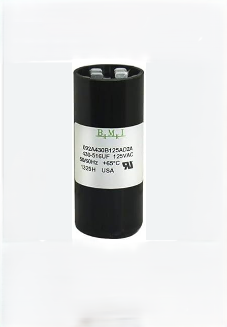 BMI Motor Starting Capacitor 430-516 UF black cylindrical electrical component with metal terminals