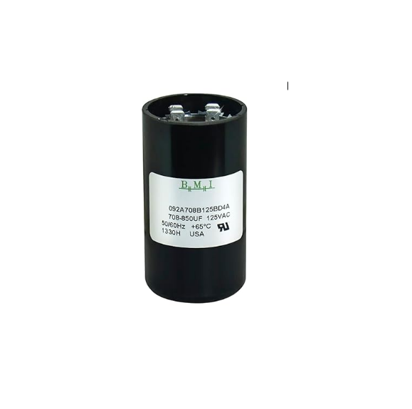 BMI motor starting capacitor 708-850 uf black cylindrical electrical component with label