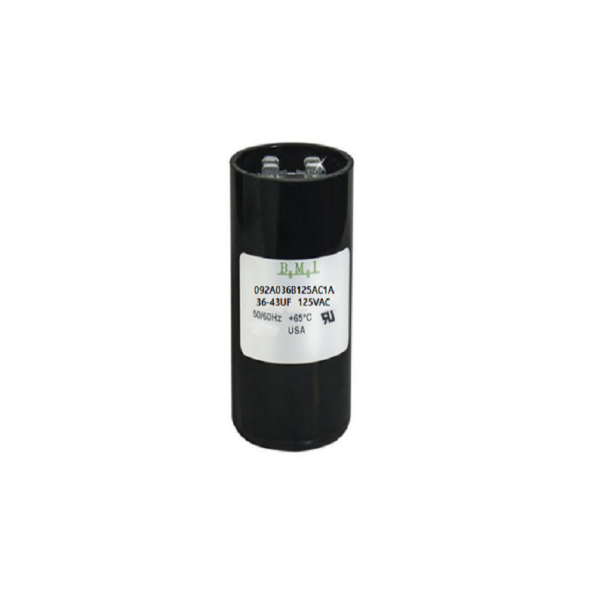 BMI Starting Capacitor 36-43 UF Black cylindrical electrical component with labeled specifications
