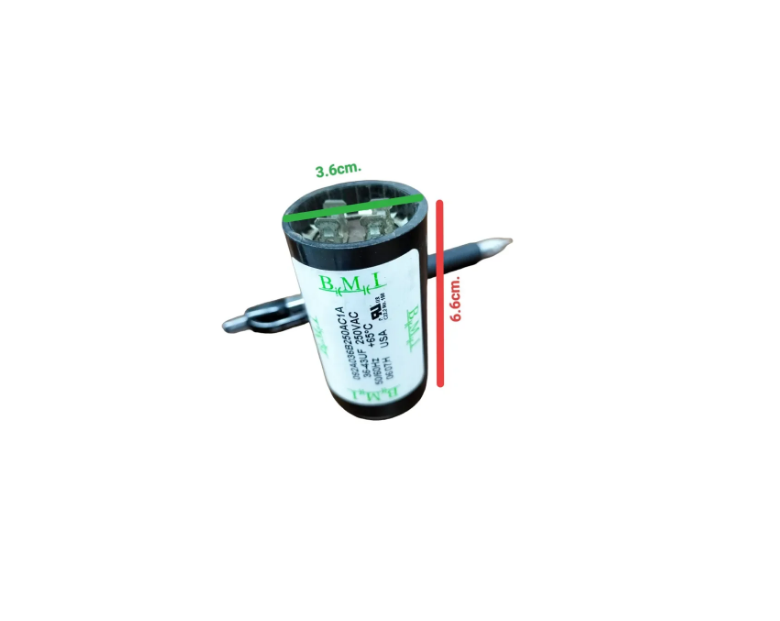 BMI Starting Capacitor 36-43 UF cylindrical electrical part with wire connectors and dimensions